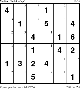 The grouppuzzles.com Medium Sudoku-6up puzzle for Tuesday August 18, 2026 with the first 3 steps marked
