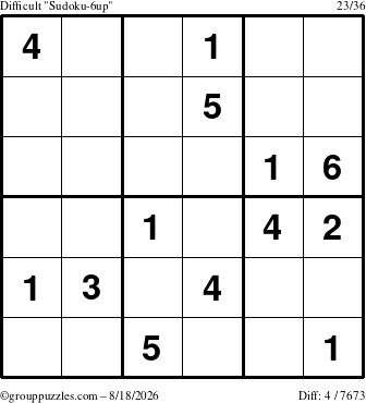 The grouppuzzles.com Difficult Sudoku-6up puzzle for Tuesday August 18, 2026