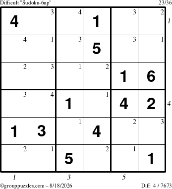 The grouppuzzles.com Difficult Sudoku-6up puzzle for Tuesday August 18, 2026 with all 4 steps marked