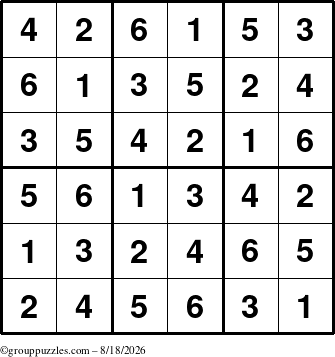 The grouppuzzles.com Answer grid for the Sudoku-6up puzzle for Tuesday August 18, 2026