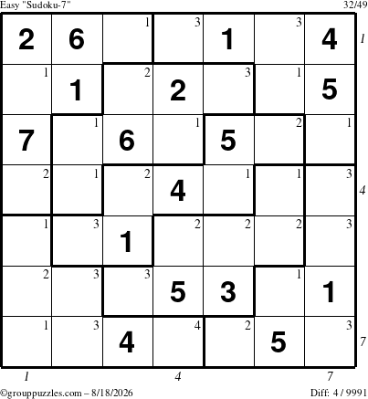 The grouppuzzles.com Easy Sudoku-7 puzzle for Tuesday August 18, 2026 with all 4 steps marked