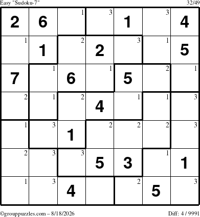 The grouppuzzles.com Easy Sudoku-7 puzzle for Tuesday August 18, 2026 with the first 3 steps marked