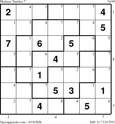 The grouppuzzles.com Medium Sudoku-7 puzzle for Tuesday August 18, 2026 with all 8 steps marked