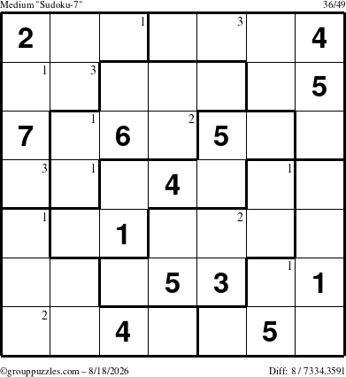The grouppuzzles.com Medium Sudoku-7 puzzle for Tuesday August 18, 2026 with the first 3 steps marked