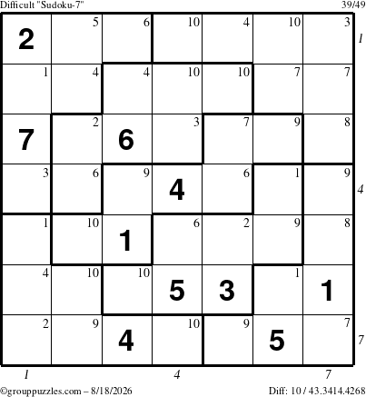 The grouppuzzles.com Difficult Sudoku-7 puzzle for Tuesday August 18, 2026 with all 10 steps marked