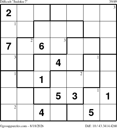 The grouppuzzles.com Difficult Sudoku-7 puzzle for Tuesday August 18, 2026 with the first 3 steps marked