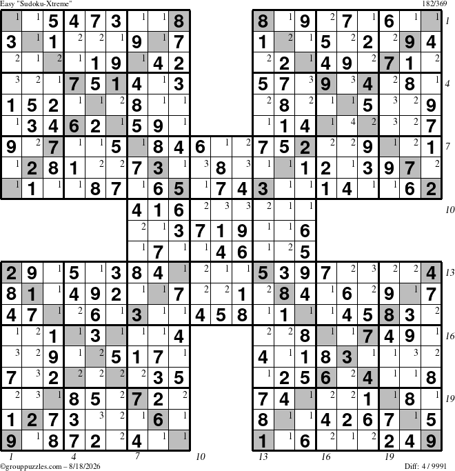The grouppuzzles.com Easy Sudoku-Xtreme puzzle for Tuesday August 18, 2026, suitable for printing, with all 4 steps marked