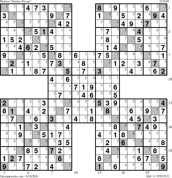 The grouppuzzles.com Medium Sudoku-Xtreme puzzle for Tuesday August 18, 2026 with all 8 steps marked