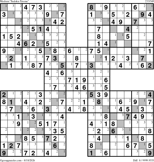 The grouppuzzles.com Medium Sudoku-Xtreme puzzle for Tuesday August 18, 2026 with the first 3 steps marked