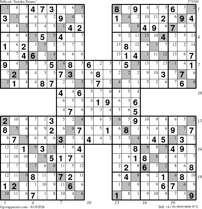 The grouppuzzles.com Difficult Sudoku-Xtreme puzzle for Tuesday August 18, 2026, suitable for printing, with all 14 steps marked