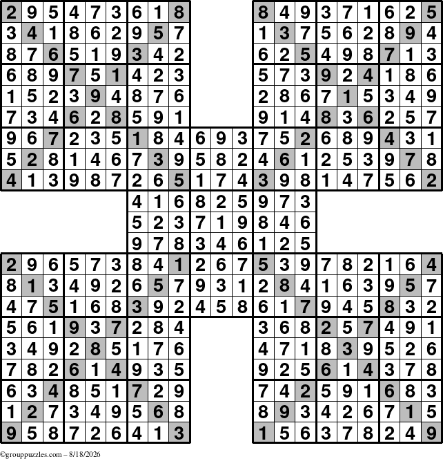 The grouppuzzles.com Answer grid for the Sudoku-Xtreme puzzle for Tuesday August 18, 2026