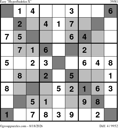The grouppuzzles.com Easy HyperSudoku-X puzzle for Tuesday August 18, 2026