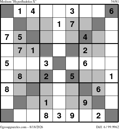 The grouppuzzles.com Medium HyperSudoku-X puzzle for Tuesday August 18, 2026