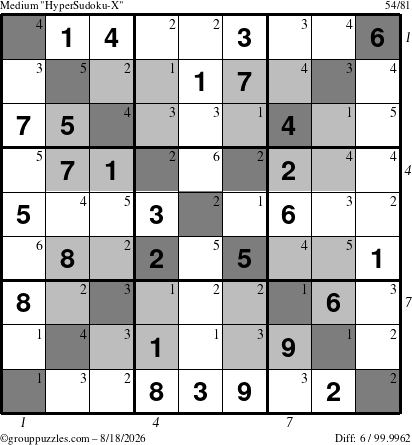 The grouppuzzles.com Medium HyperSudoku-X puzzle for Tuesday August 18, 2026 with all 6 steps marked