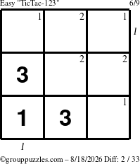 The grouppuzzles.com Easy TicTac-123 puzzle for Tuesday August 18, 2026, suitable for printing, with all 2 steps marked