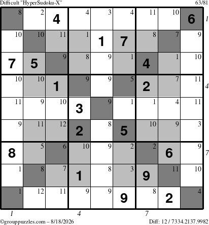 The grouppuzzles.com Difficult HyperSudoku-X puzzle for Tuesday August 18, 2026 with all 12 steps marked