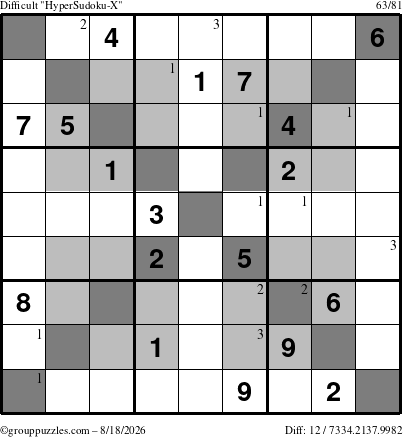 The grouppuzzles.com Difficult HyperSudoku-X puzzle for Tuesday August 18, 2026 with the first 3 steps marked