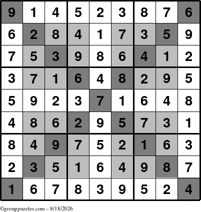 The grouppuzzles.com Answer grid for the HyperSudoku-X puzzle for Tuesday August 18, 2026