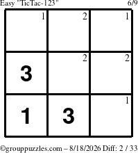 The grouppuzzles.com Easy TicTac-123 puzzle for Tuesday August 18, 2026 with the first 2 steps marked