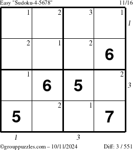 The grouppuzzles.com Easy Sudoku-4-5678 puzzle for Friday October 11, 2024, suitable for printing, with all 3 steps marked