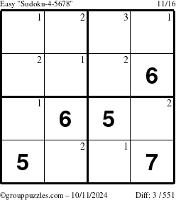 The grouppuzzles.com Easy Sudoku-4-5678 puzzle for Friday October 11, 2024 with the first 3 steps marked