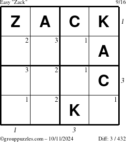 The grouppuzzles.com Easy Zack puzzle for Friday October 11, 2024 with all 3 steps marked