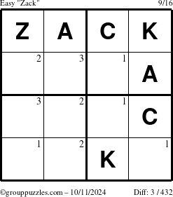 The grouppuzzles.com Easy Zack puzzle for Friday October 11, 2024 with the first 3 steps marked