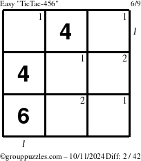 The grouppuzzles.com Easy TicTac-456 puzzle for Friday October 11, 2024 with all 2 steps marked