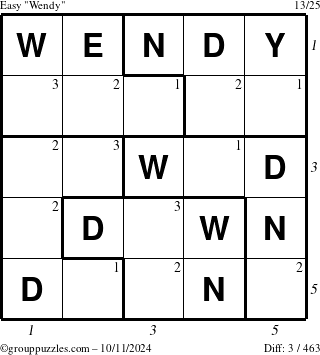 The grouppuzzles.com Easy Wendy puzzle for Friday October 11, 2024 with all 3 steps marked