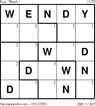 The grouppuzzles.com Easy Wendy puzzle for Friday October 11, 2024 with the first 3 steps marked