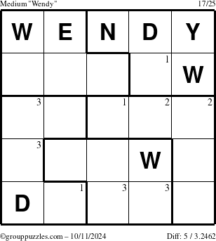 The grouppuzzles.com Medium Wendy puzzle for Friday October 11, 2024 with the first 3 steps marked