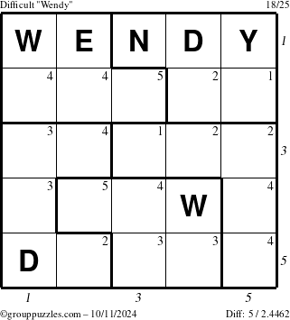 The grouppuzzles.com Difficult Wendy puzzle for Friday October 11, 2024 with all 5 steps marked