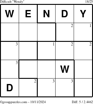 The grouppuzzles.com Difficult Wendy puzzle for Friday October 11, 2024 with the first 3 steps marked