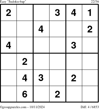 The grouppuzzles.com Easy Sudoku-6up puzzle for Friday October 11, 2024