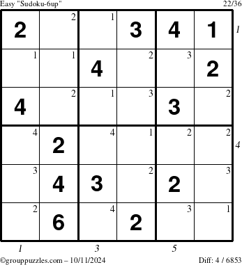 The grouppuzzles.com Easy Sudoku-6up puzzle for Friday October 11, 2024 with all 4 steps marked