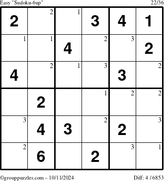 The grouppuzzles.com Easy Sudoku-6up puzzle for Friday October 11, 2024 with the first 3 steps marked