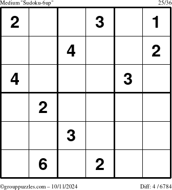 The grouppuzzles.com Medium Sudoku-6up puzzle for Friday October 11, 2024