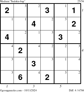 The grouppuzzles.com Medium Sudoku-6up puzzle for Friday October 11, 2024 with all 4 steps marked