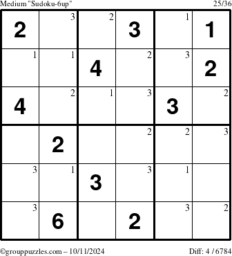 The grouppuzzles.com Medium Sudoku-6up puzzle for Friday October 11, 2024 with the first 3 steps marked