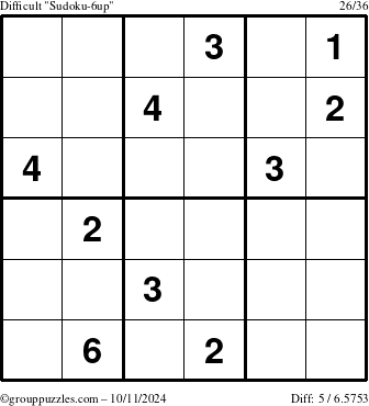 The grouppuzzles.com Difficult Sudoku-6up puzzle for Friday October 11, 2024