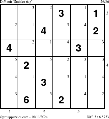 The grouppuzzles.com Difficult Sudoku-6up puzzle for Friday October 11, 2024 with all 5 steps marked