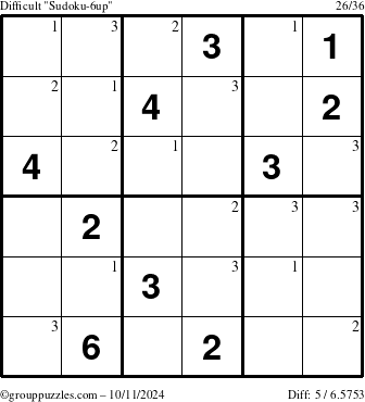 The grouppuzzles.com Difficult Sudoku-6up puzzle for Friday October 11, 2024 with the first 3 steps marked