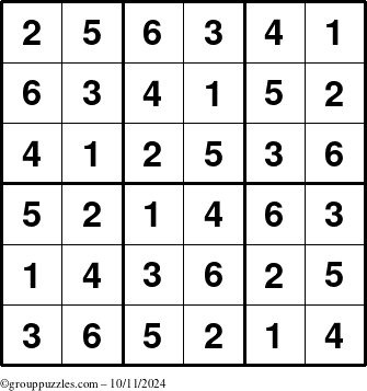 The grouppuzzles.com Answer grid for the Sudoku-6up puzzle for Friday October 11, 2024