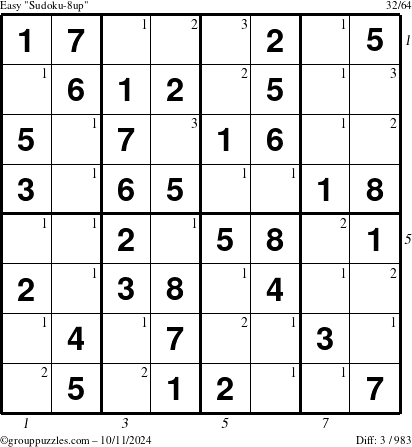 The grouppuzzles.com Easy Sudoku-8up puzzle for Friday October 11, 2024 with all 3 steps marked