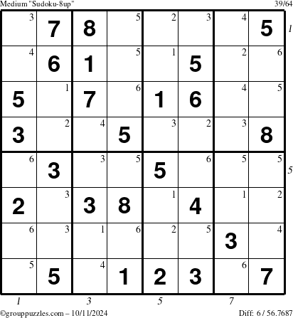 The grouppuzzles.com Medium Sudoku-8up puzzle for Friday October 11, 2024 with all 6 steps marked