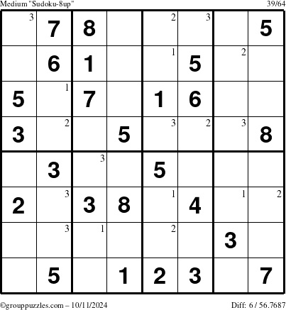 The grouppuzzles.com Medium Sudoku-8up puzzle for Friday October 11, 2024 with the first 3 steps marked