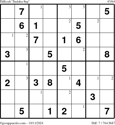 The grouppuzzles.com Difficult Sudoku-8up puzzle for Friday October 11, 2024 with the first 3 steps marked