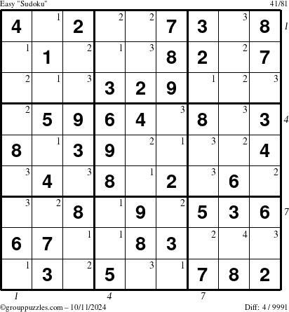 The grouppuzzles.com Easy Sudoku puzzle for Friday October 11, 2024, suitable for printing, with all 4 steps marked