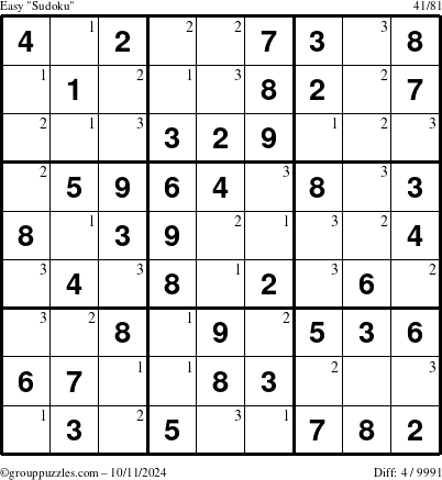 The grouppuzzles.com Easy Sudoku puzzle for Friday October 11, 2024 with the first 3 steps marked