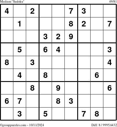 The grouppuzzles.com Medium Sudoku puzzle for Friday October 11, 2024